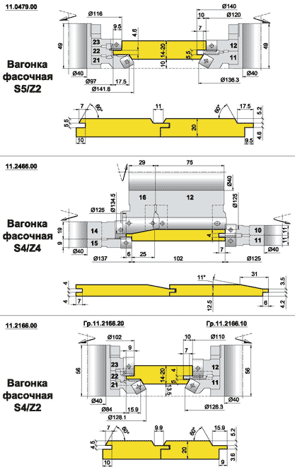 Комплекты фрез для профилирования обшивочной рейки (вагонки) малых диаметров (11.XXX.XX)