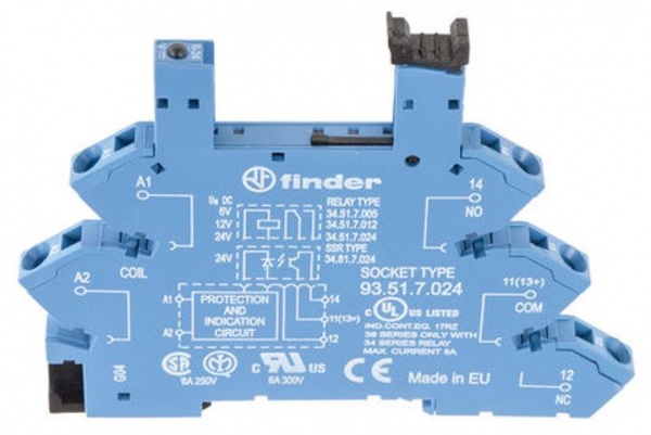 93517024 Розетка с пружинным зажимом для реле 34 серии; питание 24В DC; в комплекте пластиковая клипса; опции: LED, 93.51.7.024 Finder