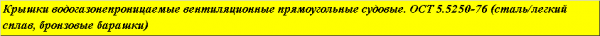 Крышки водогазонепроницаемые вентиляционные прямоугольные судовые. ОСТ 5.5250-76 (сталь/легкий сплав, бронзовые барашки)