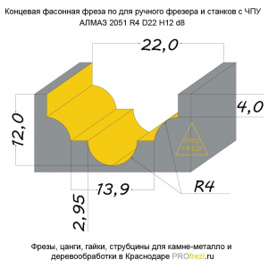 КОНЦЕВАЯ ФАСОННАЯ ФРЕЗА ПО ДЕРЕВУ АЛМАЗ 2051 R4 D22 H12 D8