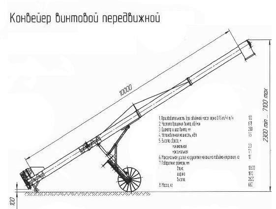 Конвейер винтовой шнековый 1 -12 м с переменным углом наклона, до 100 т/ч