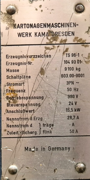 Штанцевальный автомат Kama TS 96 немецкой фирмы VEB Kartonagenmaschinen werk KAMA Dresden для вырубки, бигования и т.д. Технические характер