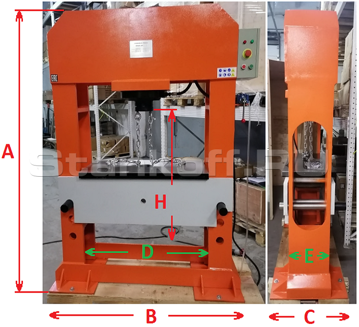 А – общая высота станка - 2000 мм         B – общая ширина станка (по ножным опорам) - 1495 мм          С – общая глубина станка - 600 мм           D – расстояние между опорами - 995 мм           Е – ширина опор - 320 мм           H - максимальная высота