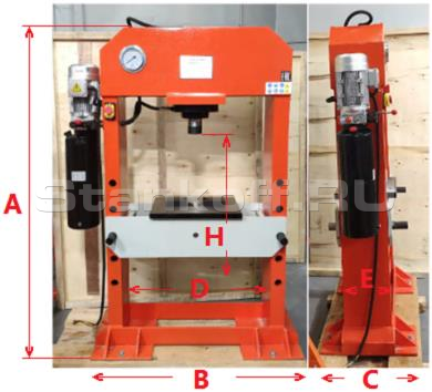 А – общая высота станка - 1730 мм B – общая ширина станка (по ножным опорам) - 1110 мм B – общая ширина станка (верхняя часть станка + гидростанция) - 1290 мм С – общая глубина станка - 500 мм D – расстояние между опорами - 800 мм Е – ширина опор - 250 мм